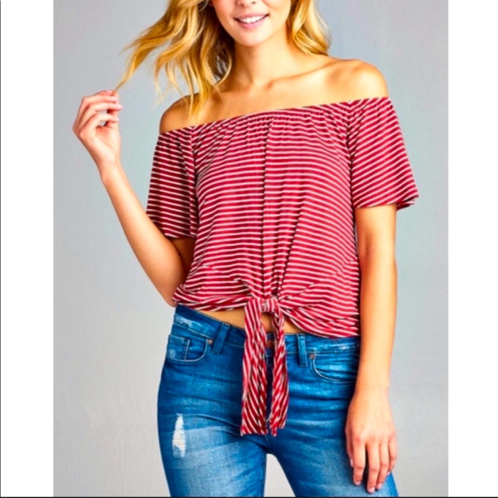 NWT off the shoulder striped knot tie blouse